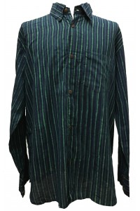 Blue / Green Striped Blockprint Cotton Mens Long Sleeve Shirt - Fair Trade