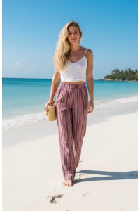 Purple / Red Striped Cotton Casual Unisex Trousers Lightweight Summer Baggies