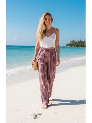 Purple / Red Striped Cotton Casual Unisex Trousers Lightweight Summer Baggies