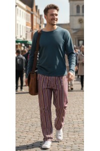 Purple / Red Striped Cotton Casual Unisex Trousers Lightweight Summer Baggies