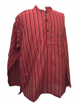 Red Striped 100% Cotton Collarless Grandad Shirt - Fairtrade