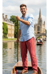 Red / Yellow Striped Cotton Casual Unisex Trousers Lightweight Summer Baggies