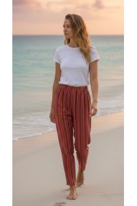 Red / Yellow Striped Cotton Casual Unisex Trousers Lightweight Summer Baggies