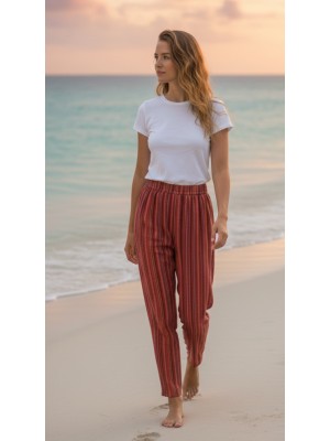 Red / Yellow Striped Cotton Casual Unisex Trousers Lightweight Summer Baggies