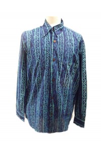 Blue Turquoise Wavy Blockprint Cotton Mens Long Sleeve Shirt - Fair Trade Blue Turquoise Wavy Blockprint Cotton Mens Long Sleeve Shirt - Fair Trade