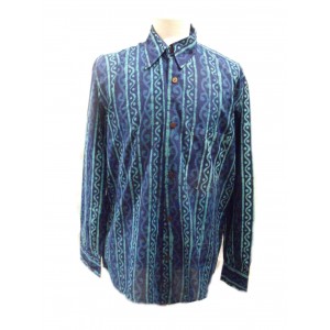 Blue Turquoise Wavy Blockprint Cotton Mens Long Sleeve Shirt - Fair Trade