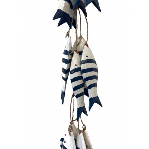 Wooden Fish on a  String - blue & white hand painted wood - Fair Trade