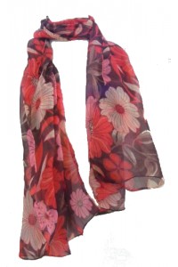 Fair Trade Red and Brown Flower Design Floaty Chiffon Scarf