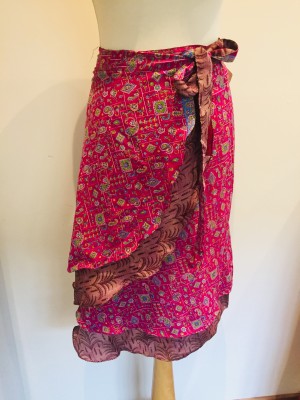Fair Trade Short Sari Silk  Reversible Tiered Wrap Skirt - Feminine Hot Pink Design