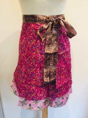 Fair Trade Short Sari Silk  Reversible Tiered Wrap Skirt - Hot Pink / Pale Pink Design