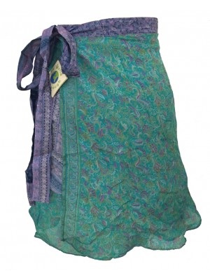 Fair Trade Short Sari Silk  Reversible Vintage Wrap Skirt - Blue / Green Design