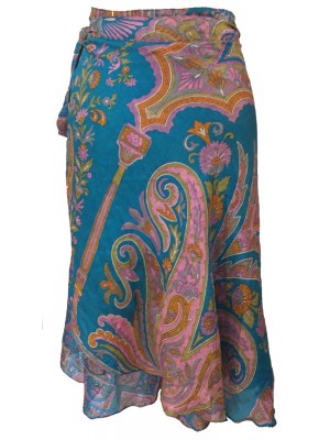 Fair Trade Short Vintage Sari Silk  Reversible Wrap Skirt - Classic Blue Design