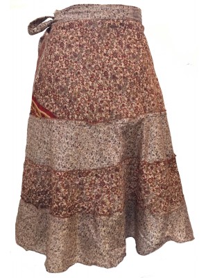 Fair Trade Short Sari Silk  Reversible Tiered Wrap Skirt - Brown Tiered Design