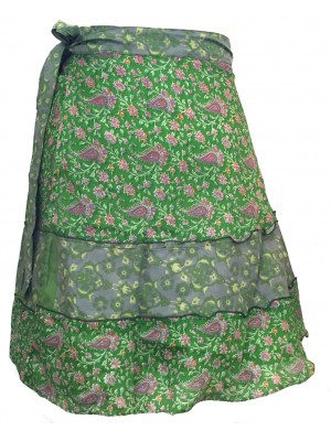 Fair Trade Short Sari Silk  Reversible Tiered Wrap Skirt - Shades of Green Design