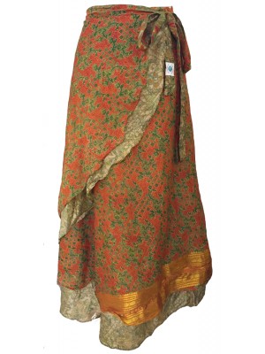 Fair Trade Full Length Vintage Sari Silk  Reversible Wrap Skirt - Orange / Green Design