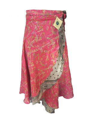 Fair Trade Full Length Vintage Sari Silk  Reversible Wrap Skirt - Pink / Silver Design