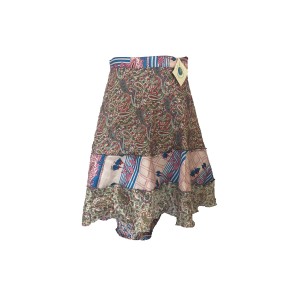 Fair Trade Short Sari Silk  Reversible Tiered Wrap Skirt - Blue / Grey Design