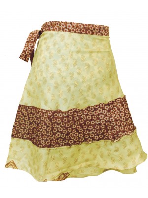 Fair Trade Short Sari Silk  Reversible Tiered Wrap Skirt - Yellow / Green Design