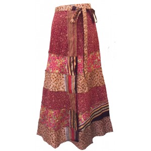 Fair Trade Tiered Full Length Sari Silk  Reversible Wrap Skirt - Red / Pink Design