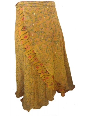 Fair Trade Full Length Sari Silk  Reversible Wrap Skirt -Yellow / Gold Design