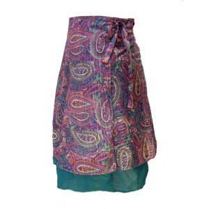 Fair Trade Double Layered Midi Length Swish Wrap Skirt - Pinks and Greens with Deep Green Underskirt