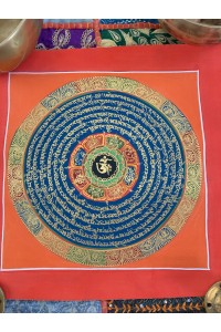 Original Vintage Thangka Painting - Tibetan Buddhist Om Made Padme Hum Mantra Mandela featuring the Eight Auspicious Signs