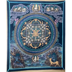 Original Vintage Tibetan Buddhist Thangka Painting - Black Kalachakra Mandala- Fair Trade