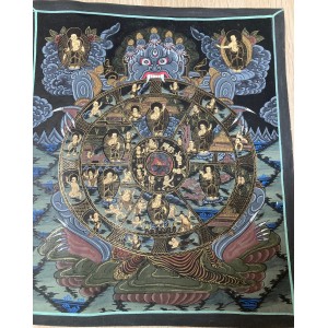 Original Vintage Tibetan Buddhist Thangka Painting - Black Wheel of Life - Fair Trade