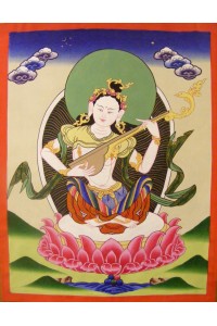 Original Vintage Tibetan Buddhist Thangka Painting -  Saraswati , Goddess of Knowledge and Wisdom  - Fair Trade