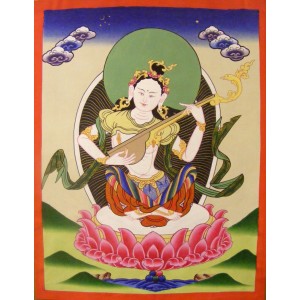 Original Vintage Tibetan Buddhist Thangka Painting -  Saraswati , Goddess of Knowledge and Wisdom  - Fair Trade