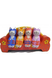 Quirky Fair Trade Wooden Hand Painted Four Cats on a Sofa