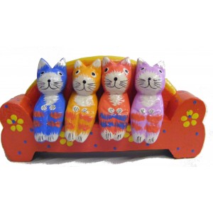 Quirky Fair Trade Wooden Hand Painted Four Cats on a Sofa