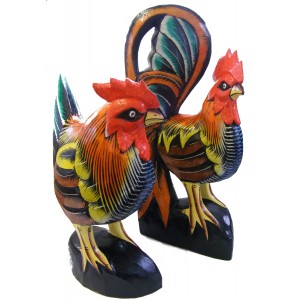 Wooden Cock & Hen / Chicken Statue / Carving / Ornament - Hand carved, Hand painted - Fair Trade