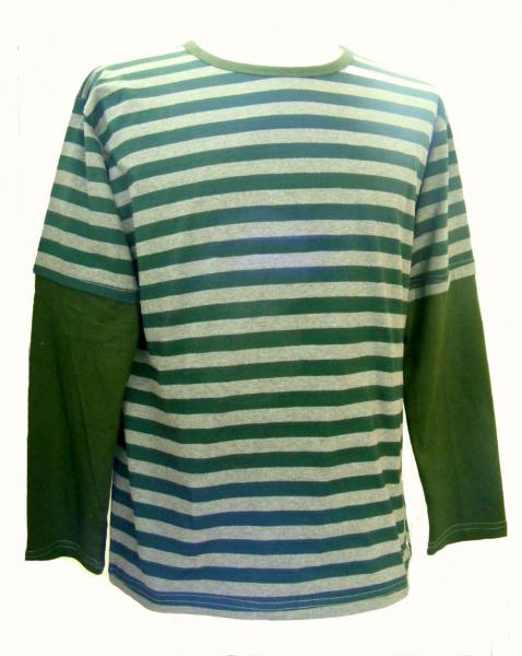 Fair Trade 100% Cotton Classic Stripey Green / Grey Mens Long Sleeve T Shirt