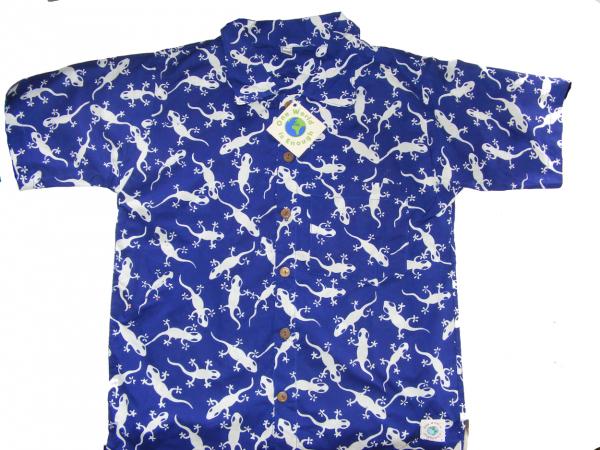 Boys Blue & White Gecko Design Short Sleeve Shirt Ages 1 - 5 - Fair Trade