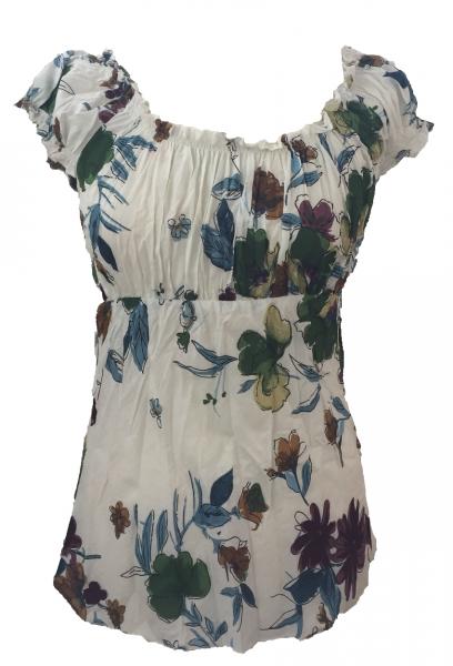 Lovely White Floaty Bold Floral Print Emily Blouse -  On the shoulder or off the Shoulder - Fair Trade 100% Cotton