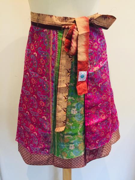Fair Trade Short Sari Silk  Reversible Tiered Wrap Skirt - Terracotta / Pink Design