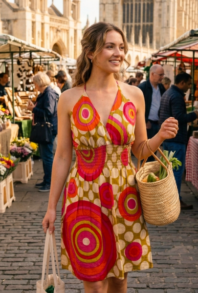 Bright Yellow / Green Colourful Dotty Short Summer Dress/Party Dress - 100% Cotton