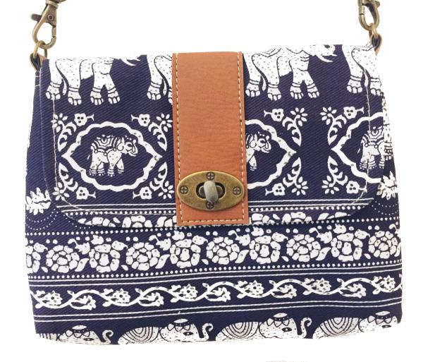 Vegan / Cruelty  Free Mini Hand Bag with detachable adjustable strap - White Elephants on Blue  Design - Fair Trade