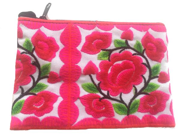 Hmong Thai Hill Tribe Flower Embroidered Tribal Purse - Pink / White Flower Fair Trade