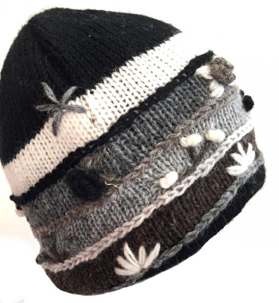 Black & White Hand Embroidered Hand Knit Wool Beanie Hat - Fair Trade - Fleece Lined Toasty Warm