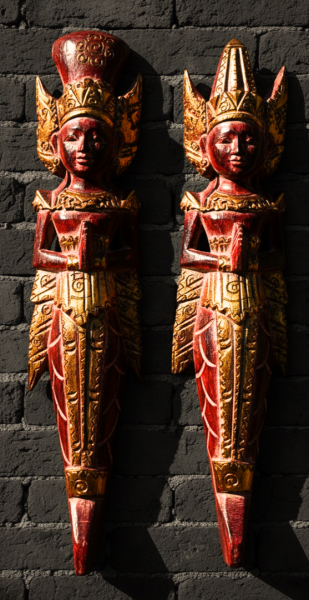 Pair of Large Rama and Sinta Wooden Figures / Carvings - Ruby Red - Fair Trade