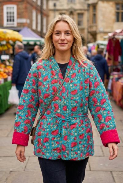 Kantha Jacket - Cotton Quilted Summer Weight Pink & Blue Flowers Reversible Indian Kantha Jacket - Fair Trade - Available in sizes 8 -18