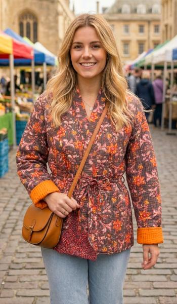 Kantha Jacket - Cotton Quilted Summer Weight Orange, Yellow & Pink Flowers Reversible Indian Kantha Jacket - Fair Trade - Available in sizes 8 -18