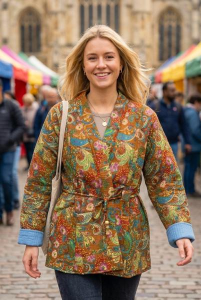 Kantha Jacket - Cotton Quilted Summer Weight Brown Geometric Flowers Reversible Indian Kantha Jacket - Fair Trade - Available in sizes 8 -18