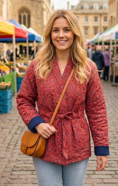 Kantha Jacket - Cotton Quilted Summer Weight Red Classic Geometric Design Reversible Indian Kantha Jacket - Fair Trade - Available in sizes 8 - 18