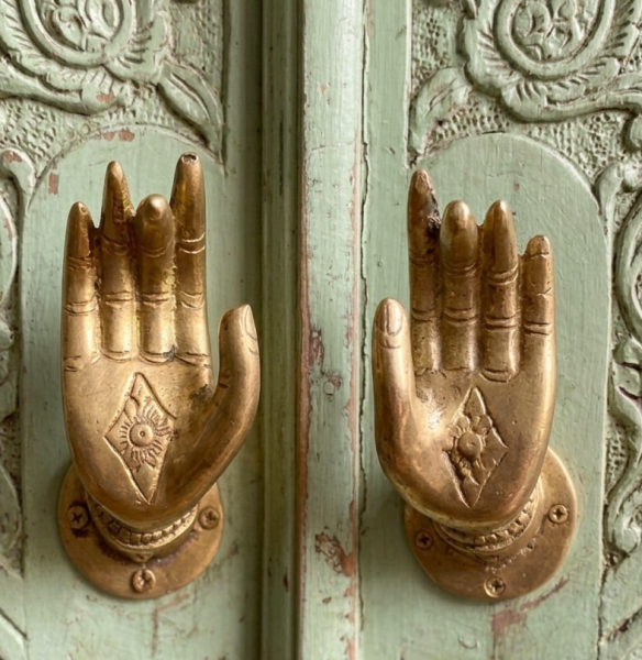 Pair of Vintage Brass Buddha Hand Door Handle Hook Pull  Unusual Varada Mudra Hand Position - Made in Nepal 