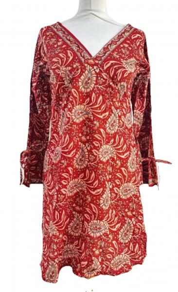 Paisley Print Kaftan Top Soft Indian Cotton Block Print Ruby Red Sizes 8 - 16