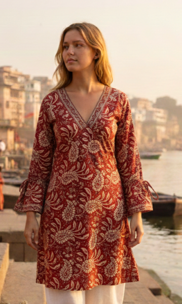 Paisley Print Kaftan Top Soft Indian Cotton Block Print Red Sizes 8 - 16