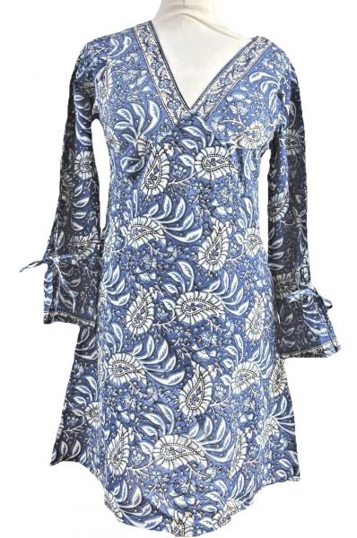 Paisley Print Kaftan Top Soft Indian Cotton Block Print Cobalt Blue Sizes 8 - 16
